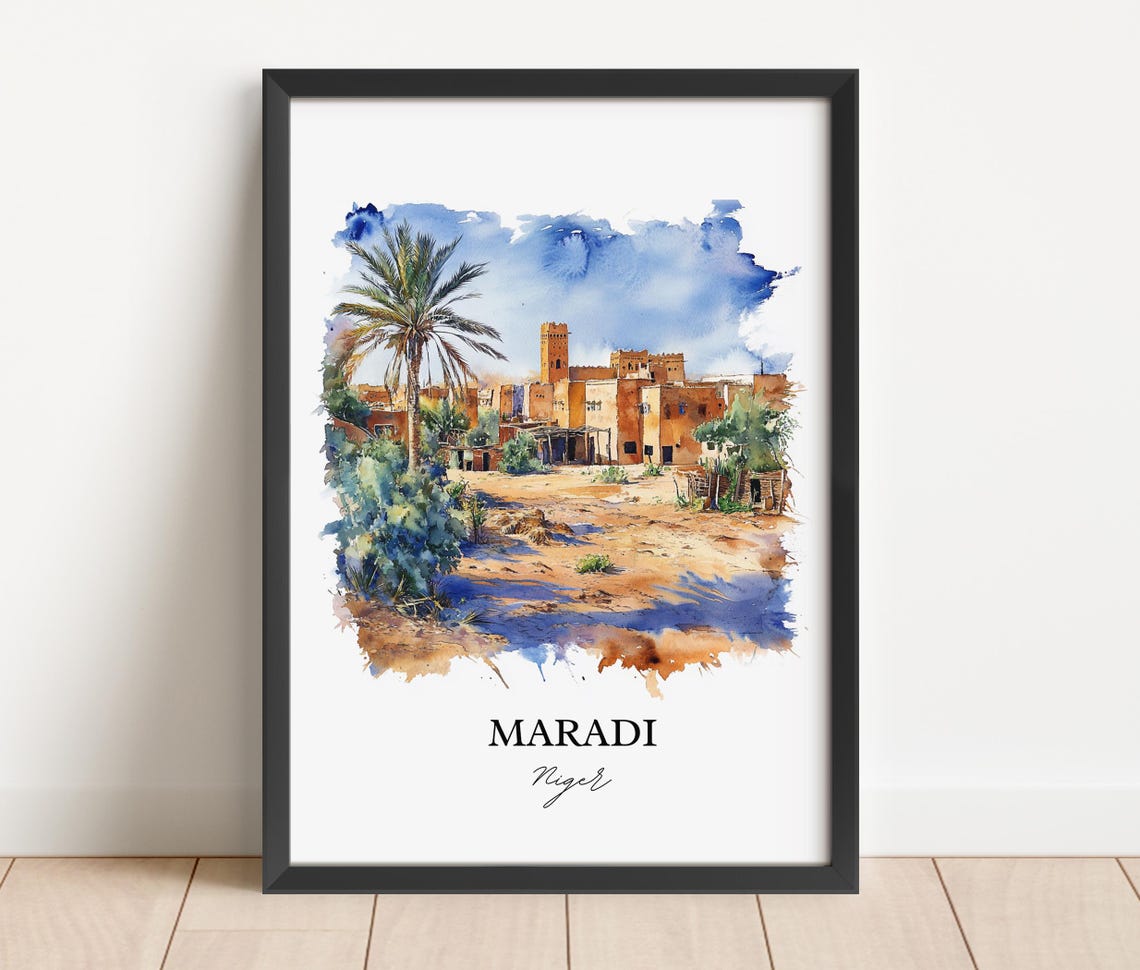 Maradi Niger Desert Town Palm Oasis Watercolor Scene Art Poster - Image 3
