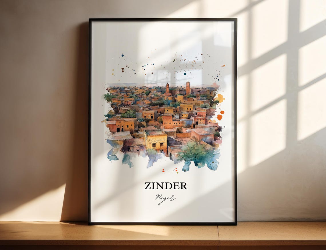 Zinder Niger Desert Town Minarets Watercolor Travel Poster Art