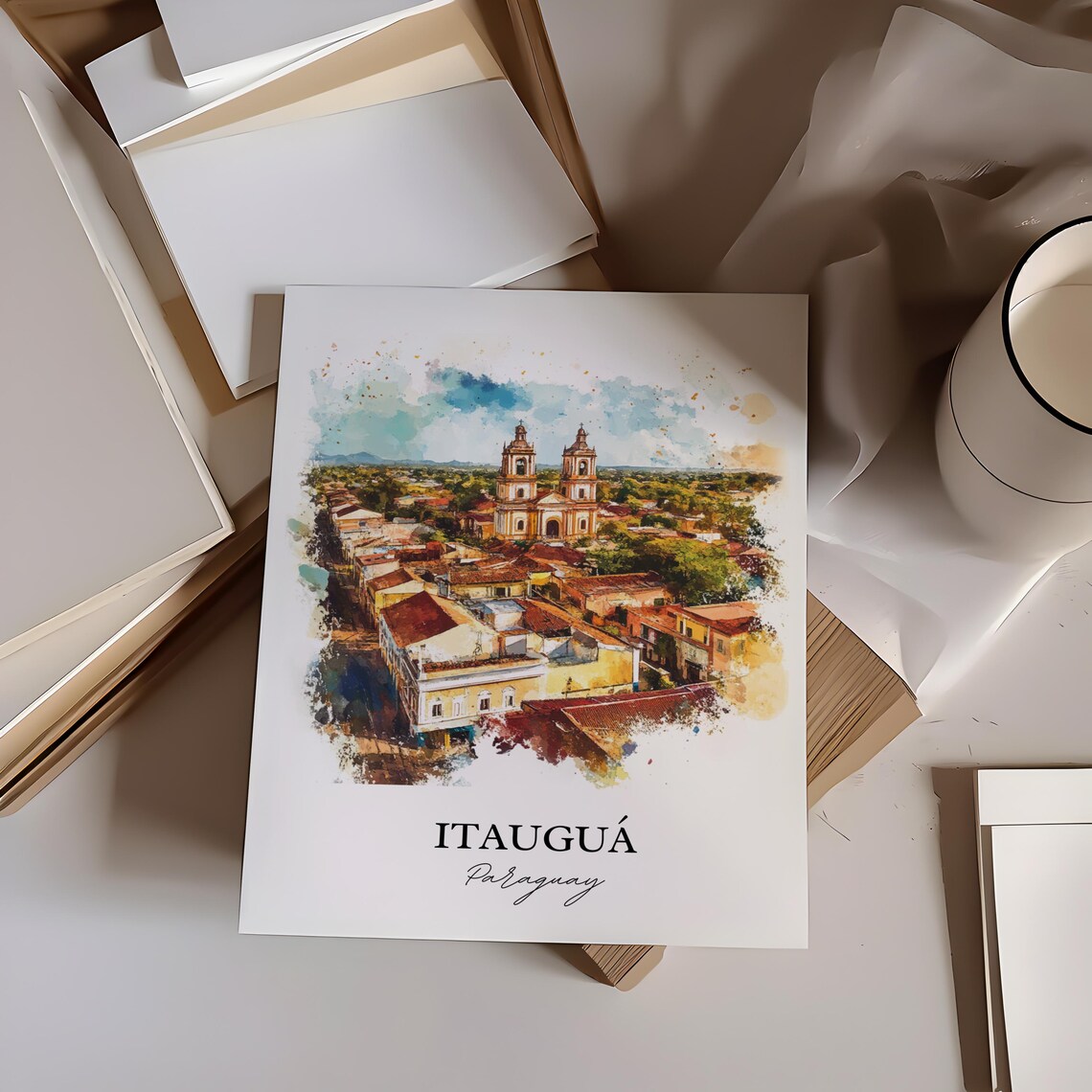 Itauguá Paraguay Watercolor Aerial Town Church Towers Poster - Image 4