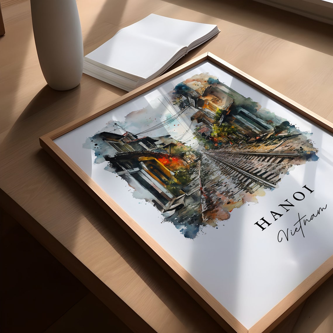 Hanoi Vietnam Watercolor Train Street Old Quarter Scene Poster - Image 5