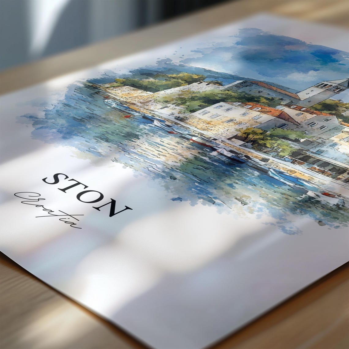 Ston Croatia Coastal Old Town Harbor Tower Watercolor Poster - Image 6