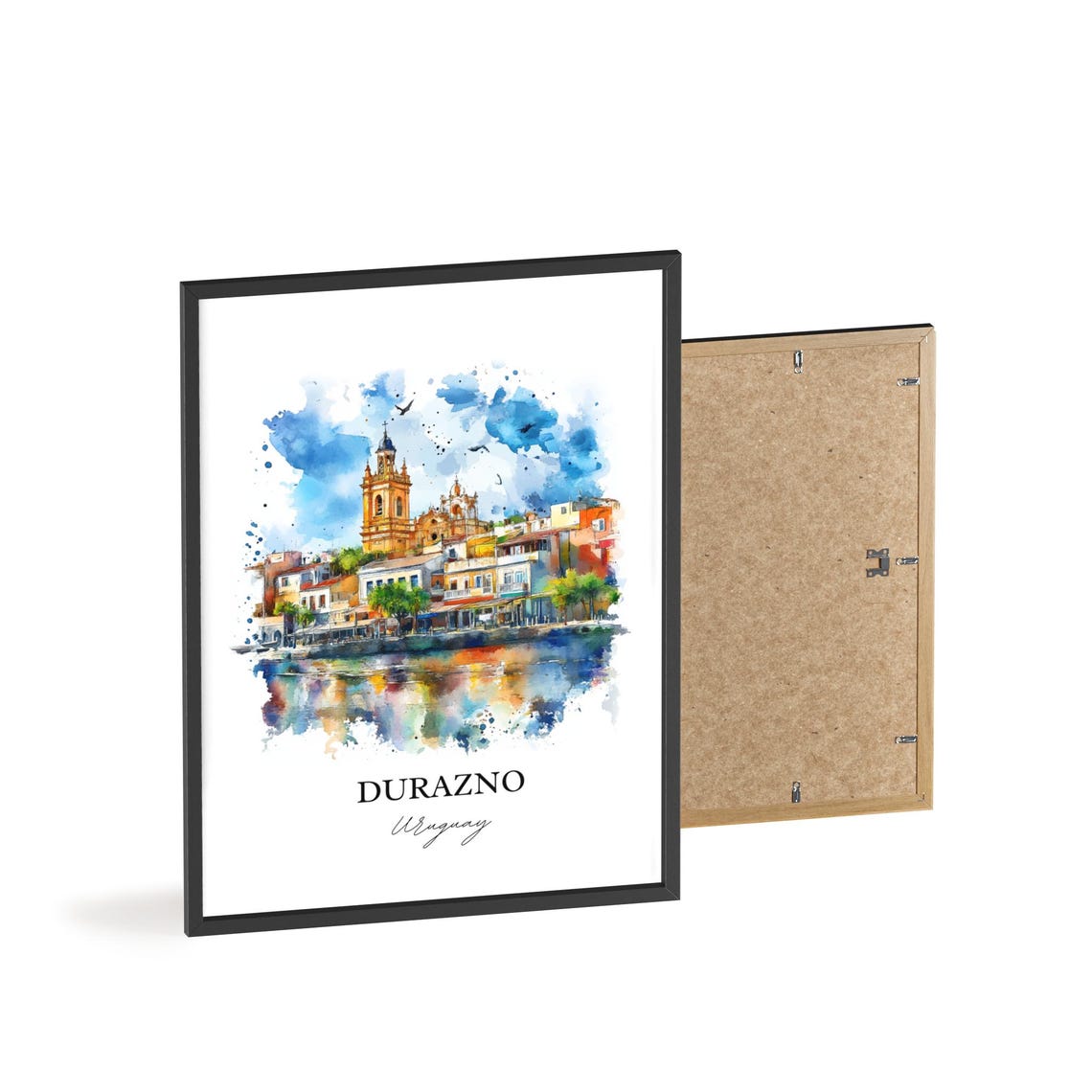 Durazno Uruguay Watercolor Waterfront Church Tower Reflection Poster - Image 4