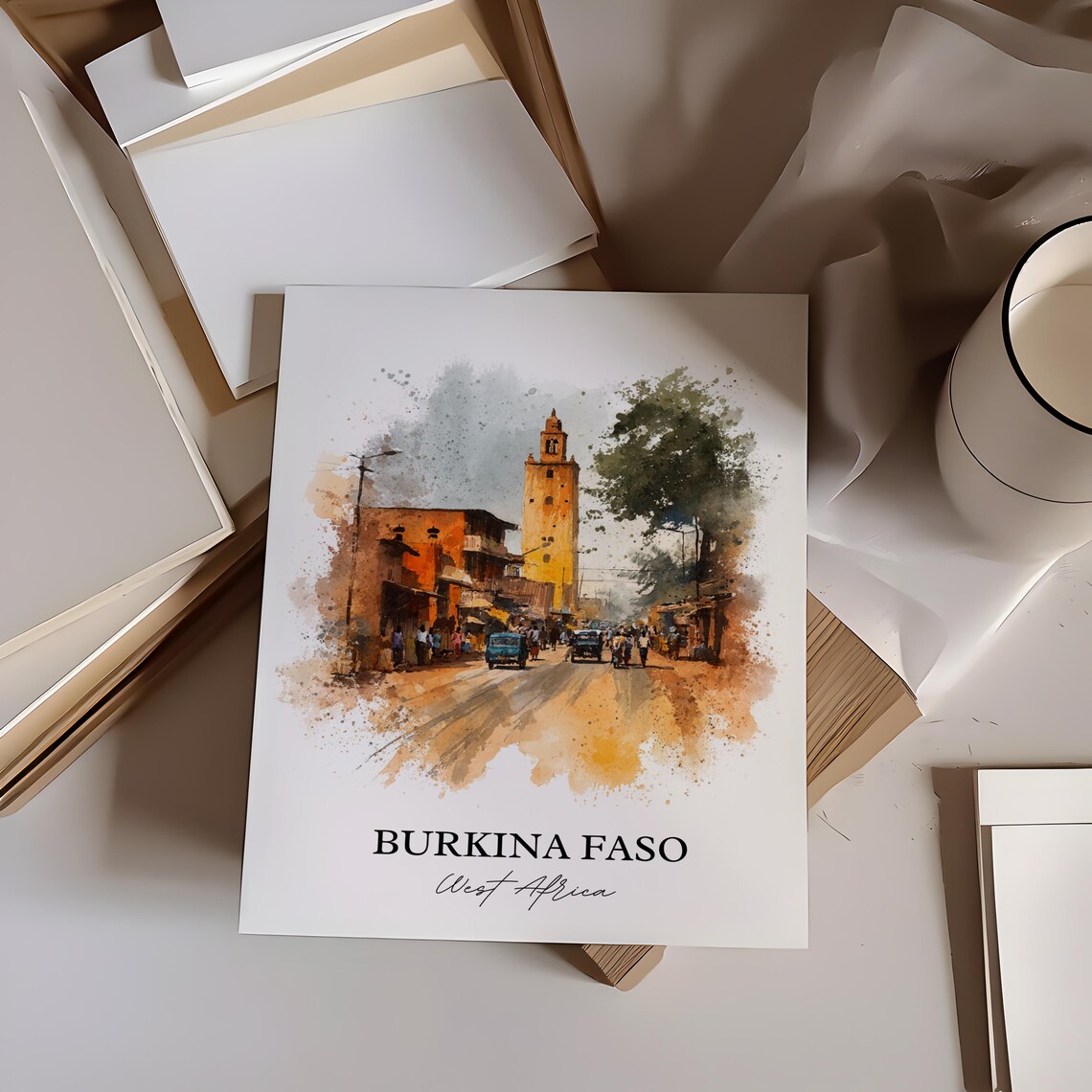 Burkina Faso West Africa Street Tower Watercolor Travel Poster - Image 2
