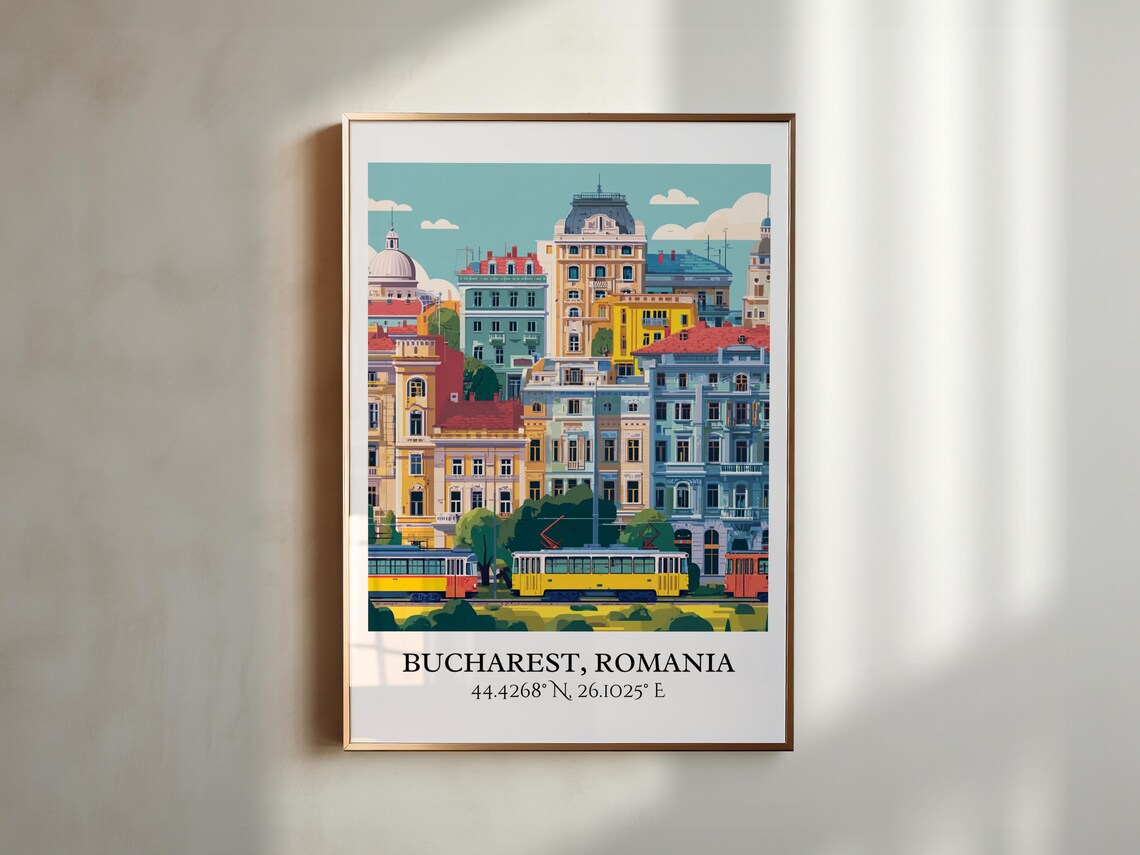Bucharest Romania Historic Center Trams Colorful Travel Poster - Image 5