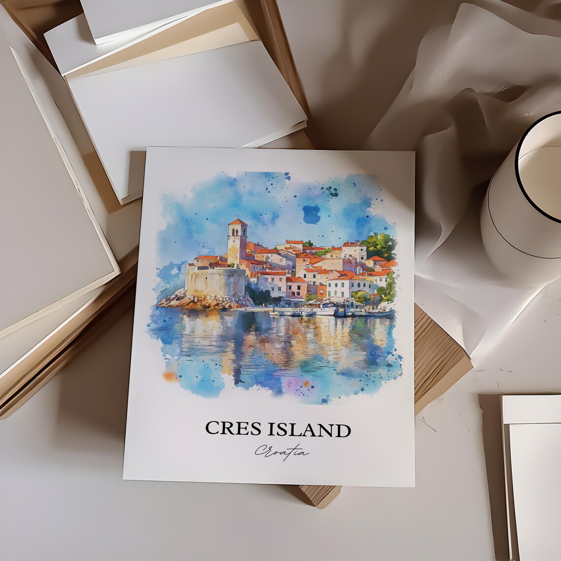 Cres Island Croatia Walled Old Town Harbor Watercolor Poster - Image 3