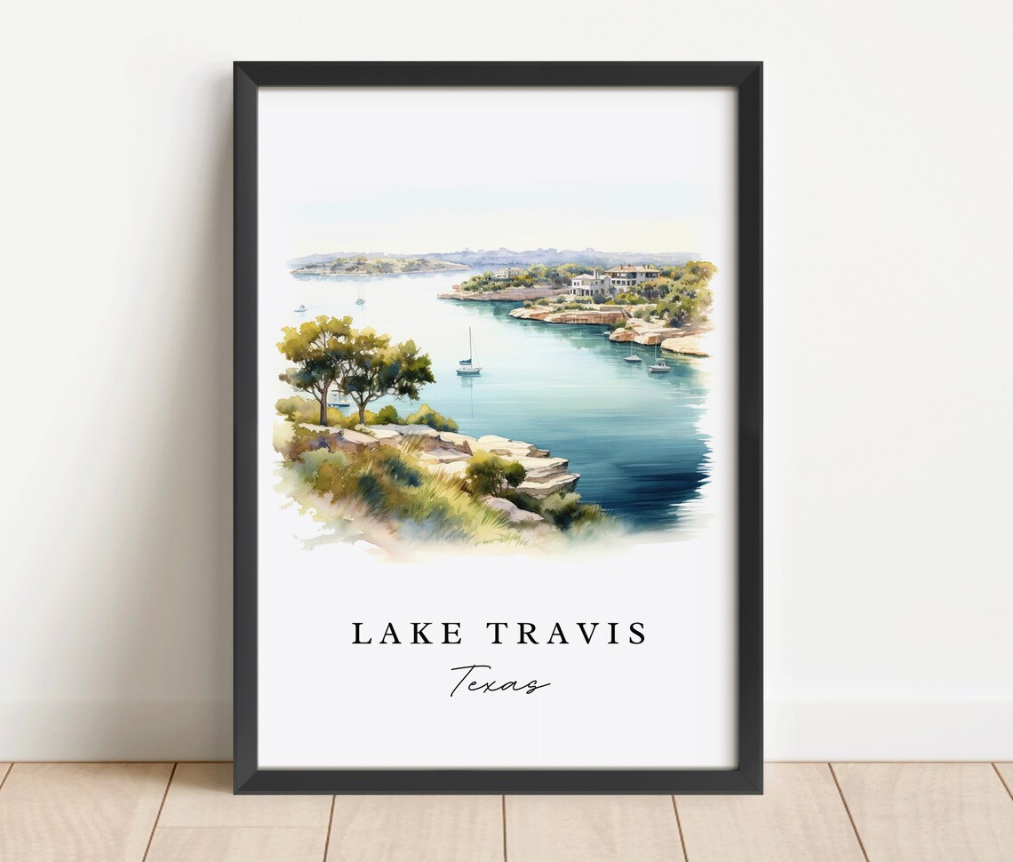 Lake Travis Texas Sailboats Rocky Shoreline Watercolor Poster