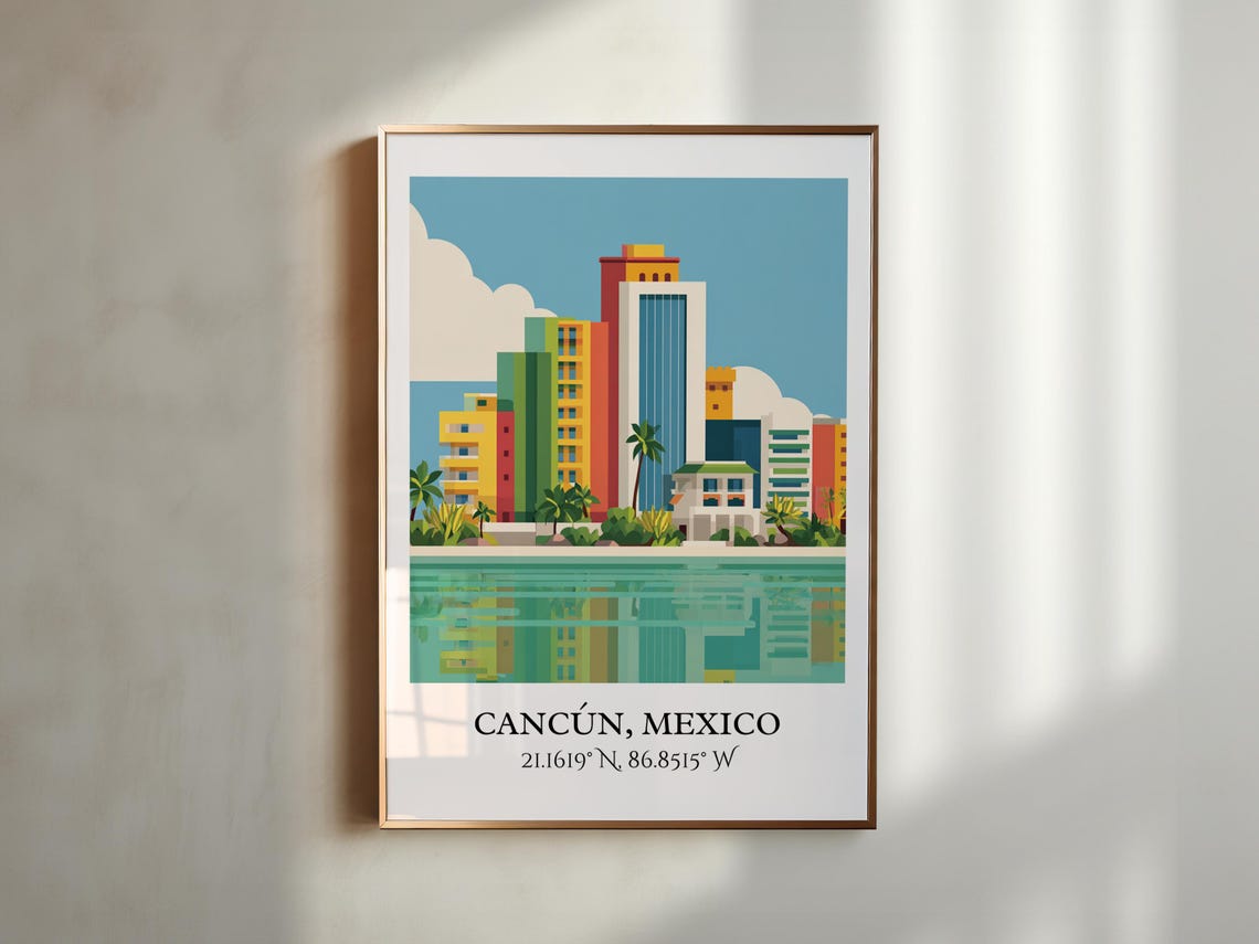 Cancun Mexico Beachfront Skyline Palms Water Reflection Travel Poster - Image 3