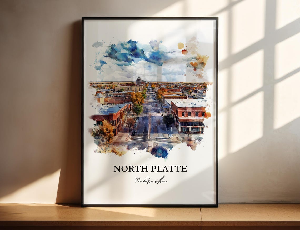 North Platte Nebraska Downtown Aerial View Watercolor Poster - Image 4