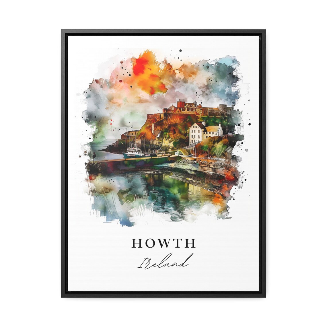 Howth Ireland Castle and Harbor Boats Watercolor Cityscape Poster - Image 3