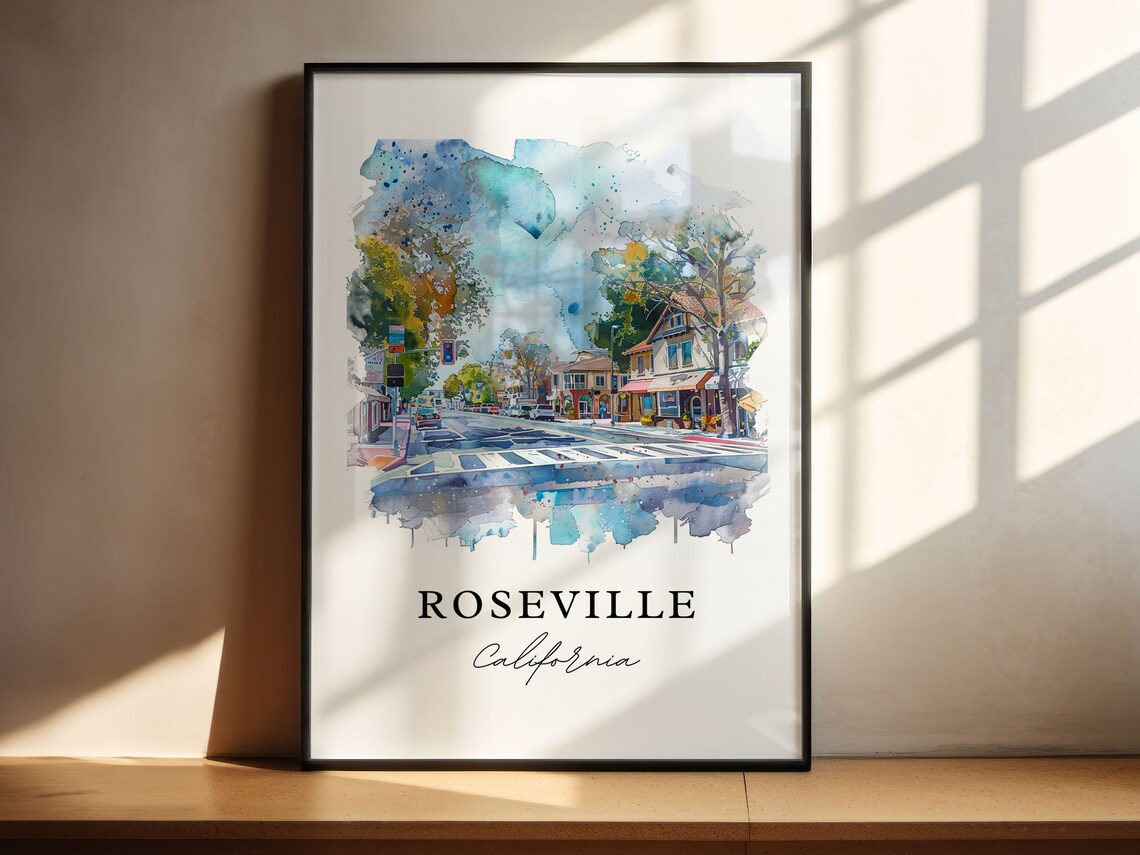 Roseville California Downtown Street Watercolor Travel Art Poster