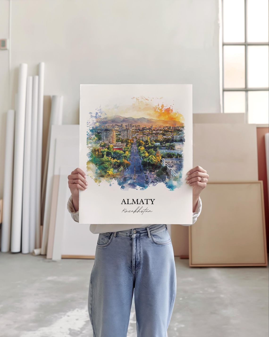 Almaty Kazakhstan Watercolor Green City Mountain View Travel Poster - Image 4