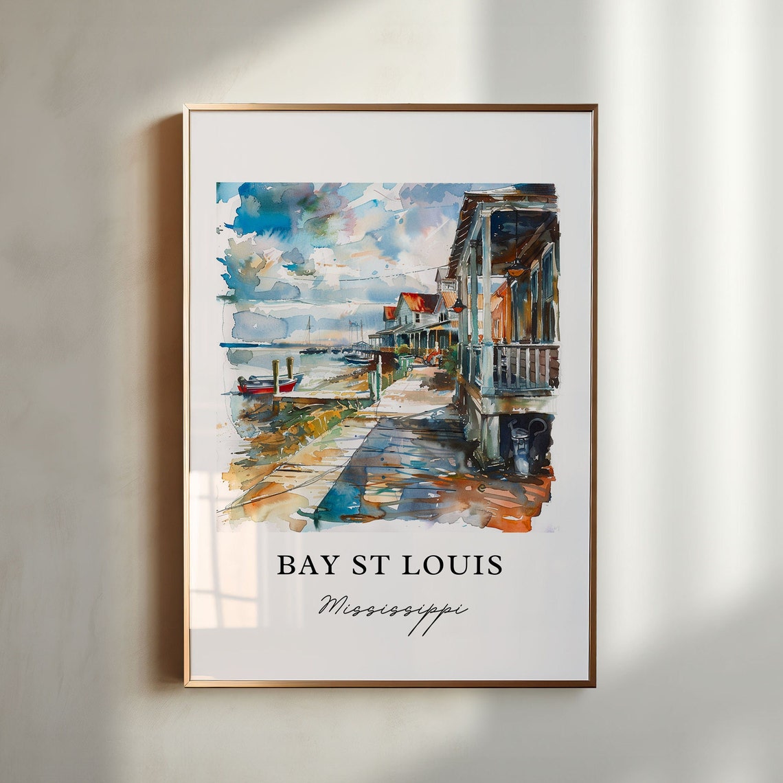Bay St Louis Mississippi Harbor Boardwalk Watercolor Boats Town Poster