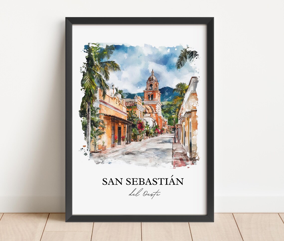 San Sebastian del Oeste Mexico Palm Street Church Watercolor Poster - Image 5