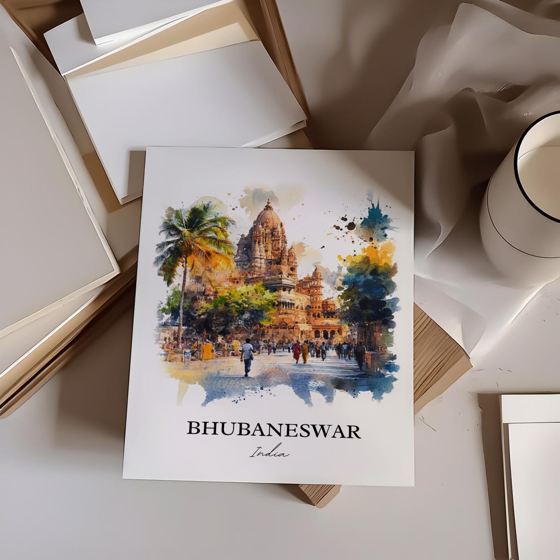 Bhubaneswar India Watercolor Ancient Temple Street Scene Poster - Image 3