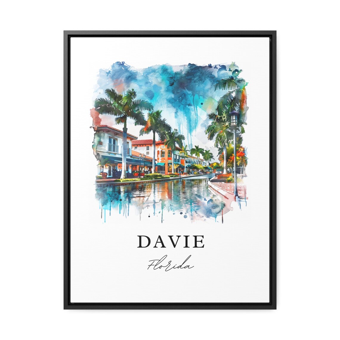 Davie Florida Watercolor Waterfront Promenade Palm Trees Poster - Image 2