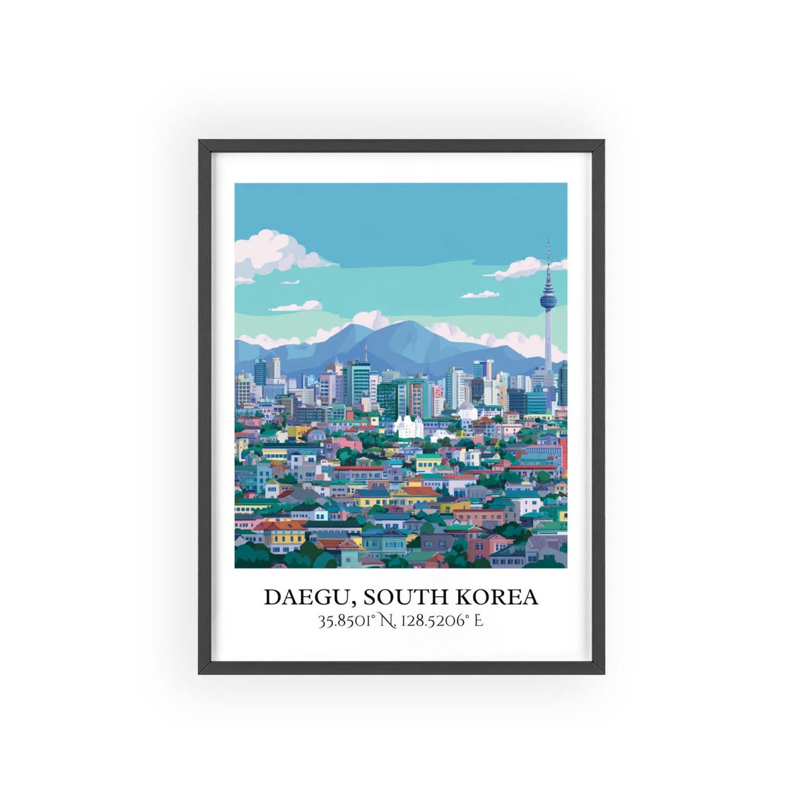 Daegu South Korea City Skyline Tower Mountain Retro Travel Poster