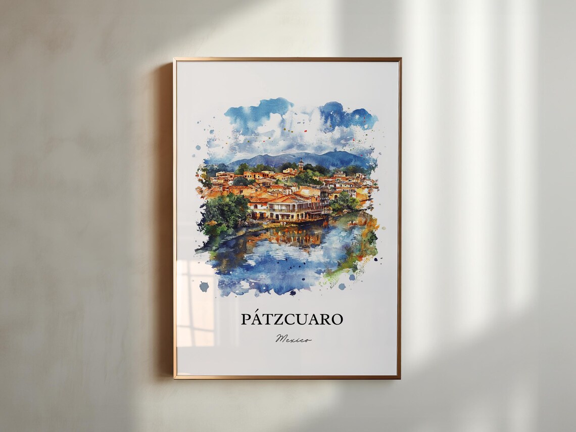Patzcuaro Mexico Watercolor Lakeside Town Reflection Mountains Poster - Image 4