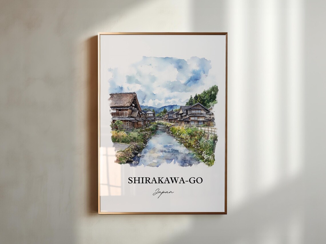 Shirakawa-go Japan Watercolor Thatched Village Canal Scene Poster - Image 5