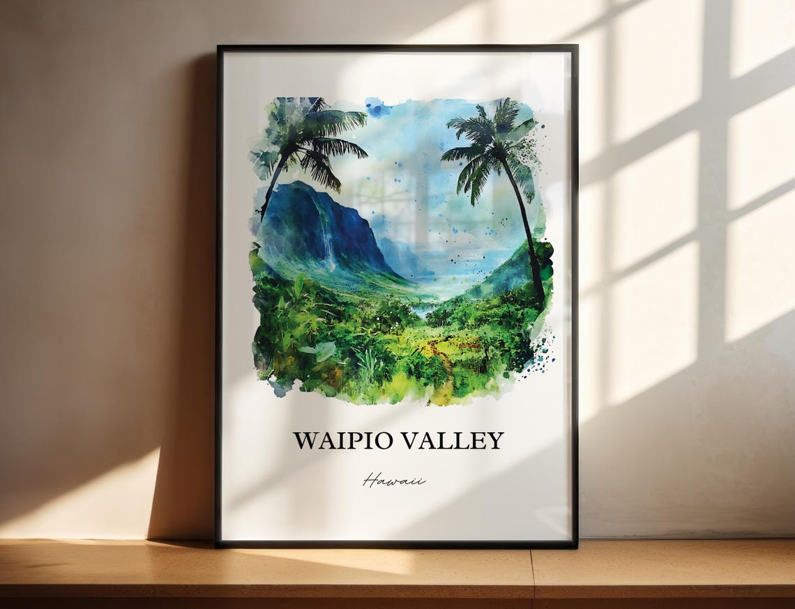 Waipio Valley Hawaii Palm Framed Lush Cliffs Watercolor Travel Poster