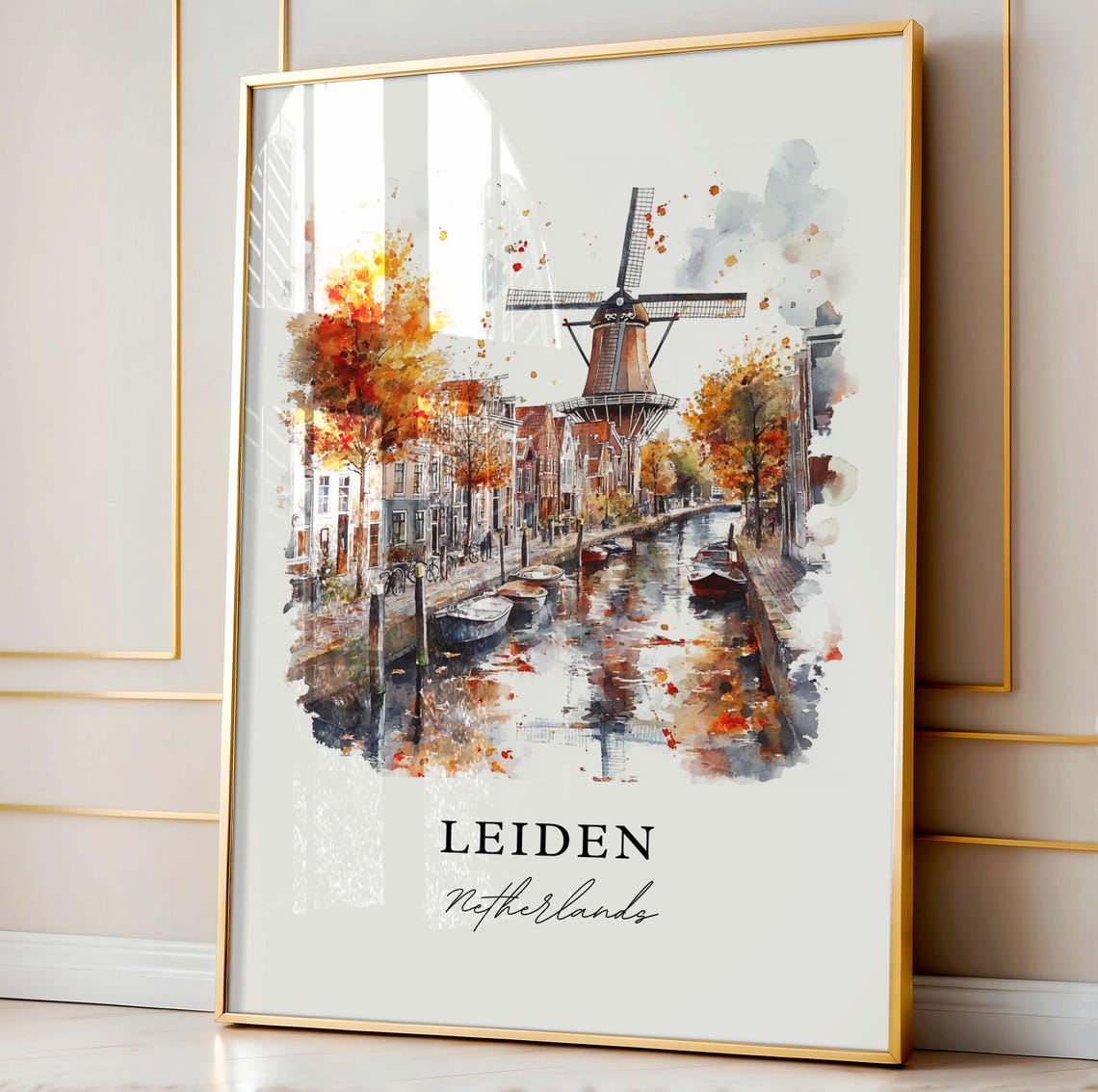 Leiden Netherlands Canal Windmill Autumn Watercolor City Poster - Image 3