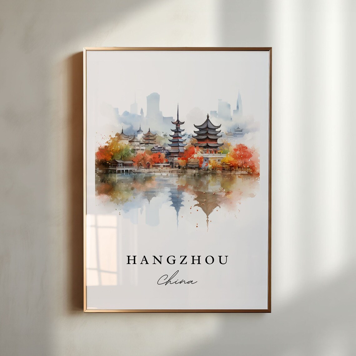 Hangzhou China Watercolor West Lake Pagodas Autumn Travel Poster