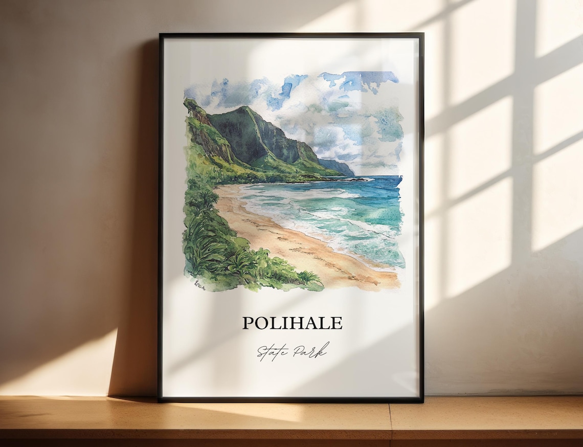 Polihale State Park Kauai Beach Green Cliffs Watercolor Travel Poster