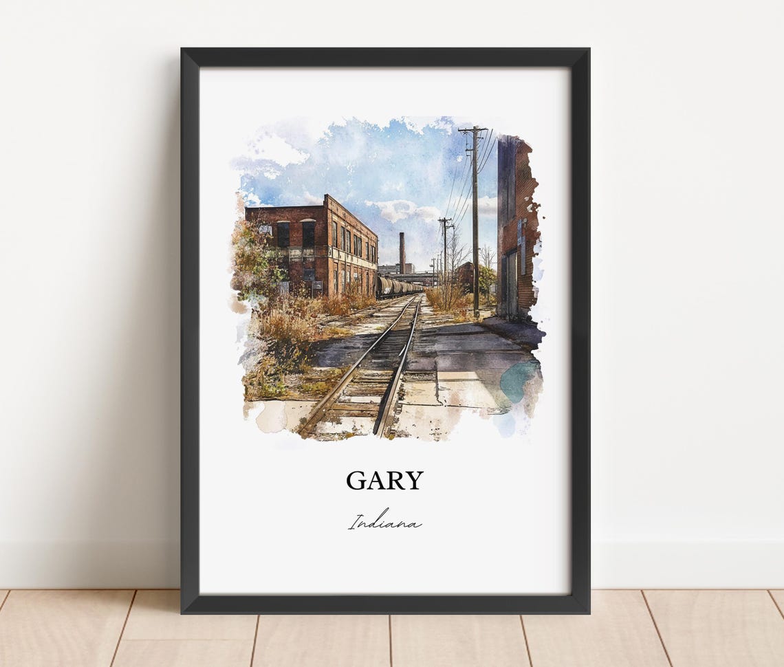 Gary Indiana Watercolor Railroad Tracks Industrial Scene Poster - Image 5