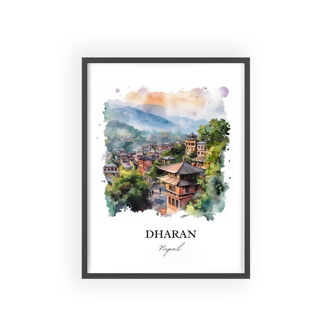 Dharan Nepal Watercolor Green Hill Town Pagoda Travel Poster - Image 2