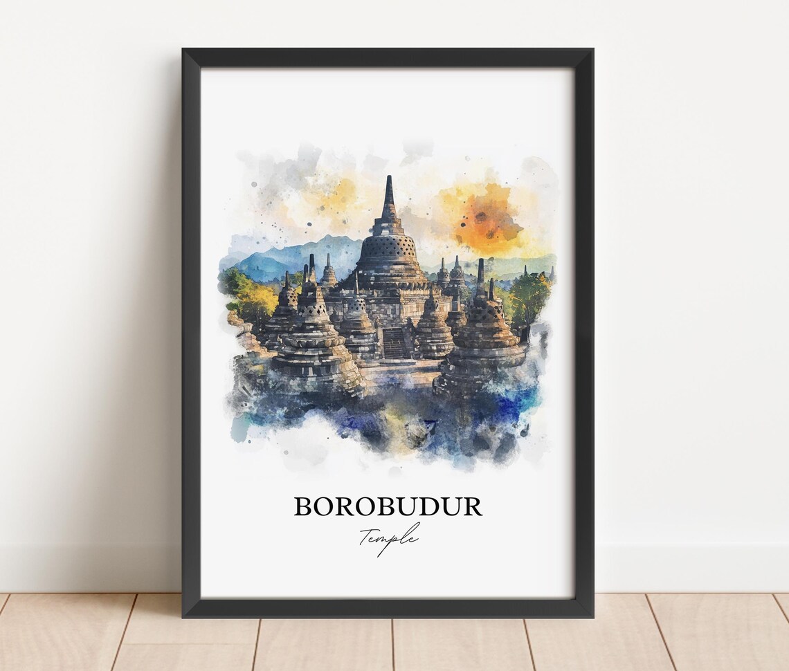 Borobudur Temple Indonesia Stone Stupas Watercolor Travel Poster - Image 3