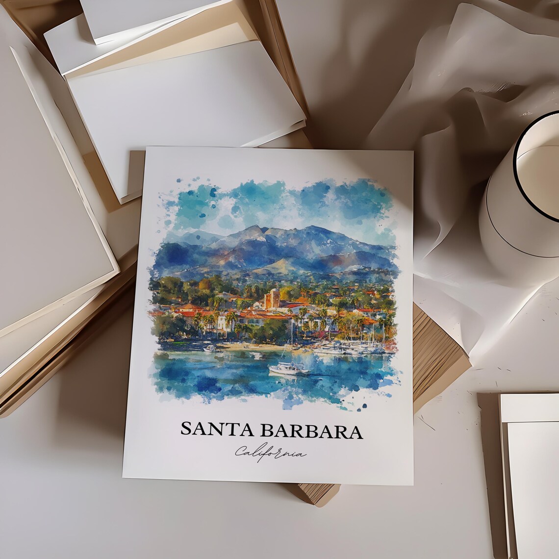 Santa Barbara California Watercolor Harbor Mountain Scene Poster - Image 2