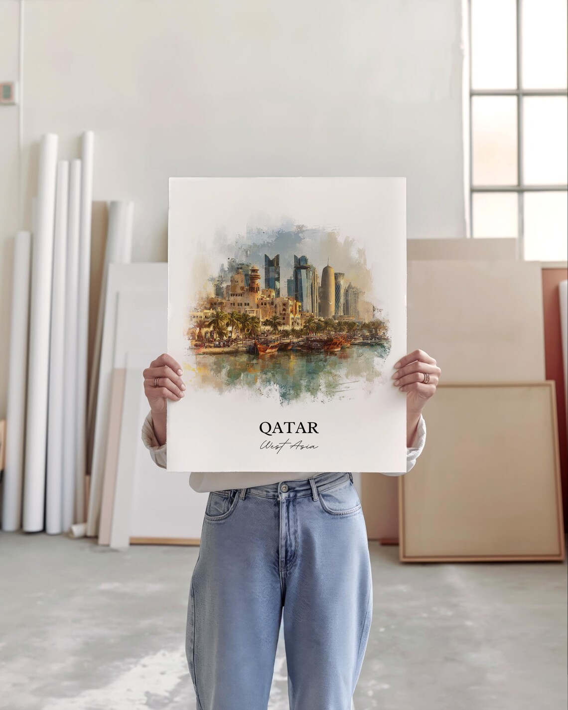 Qatar West Asia Waterfront Skyline Dhow Boats Watercolor Travel Poster - Image 3