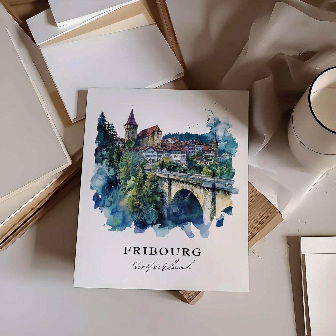 Fribourg Switzerland Old Town Bridge Watercolor Travel Poster - Image 6