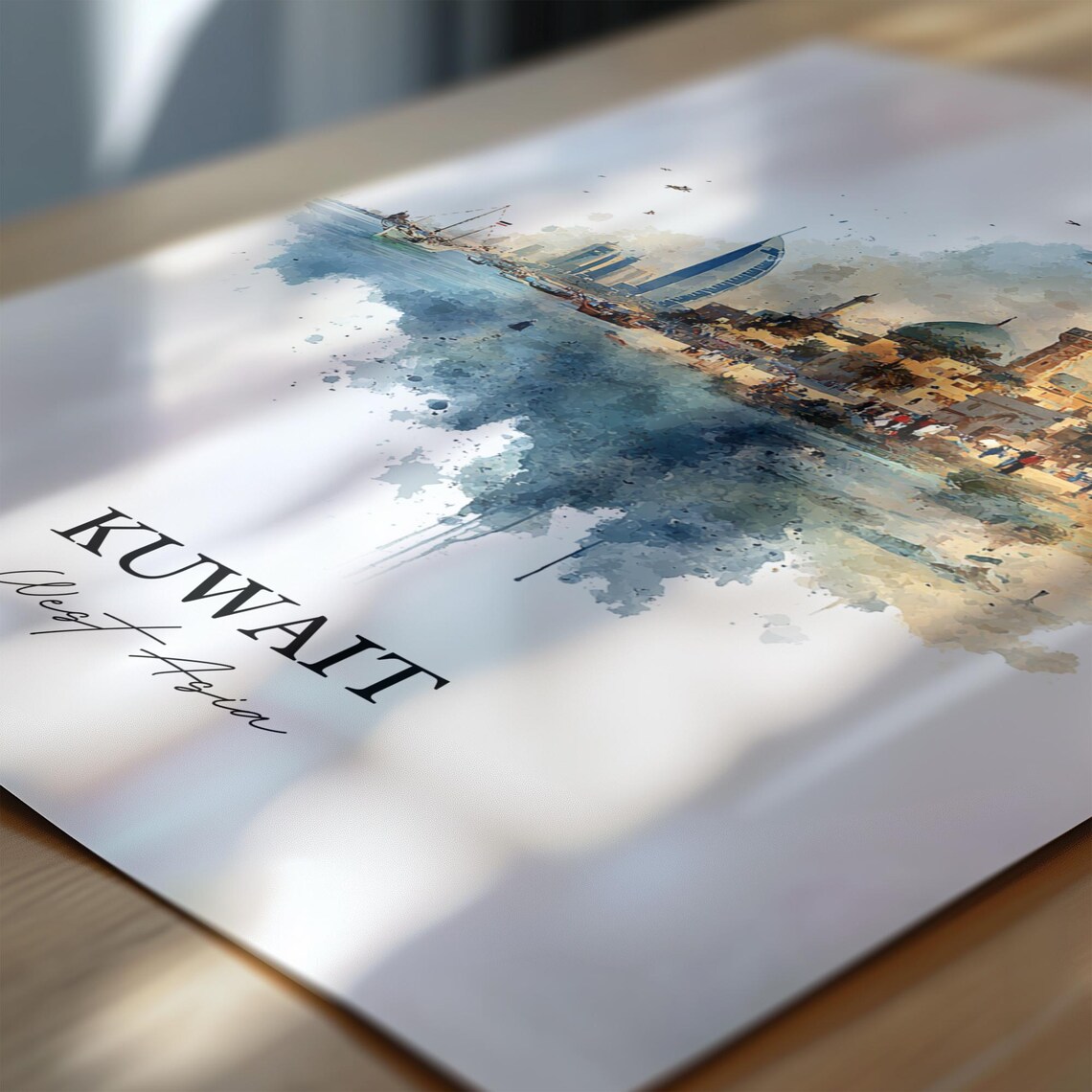 Kuwait West Asia Watercolor Coastal City Harbor Skyline Travel Poster - Image 6