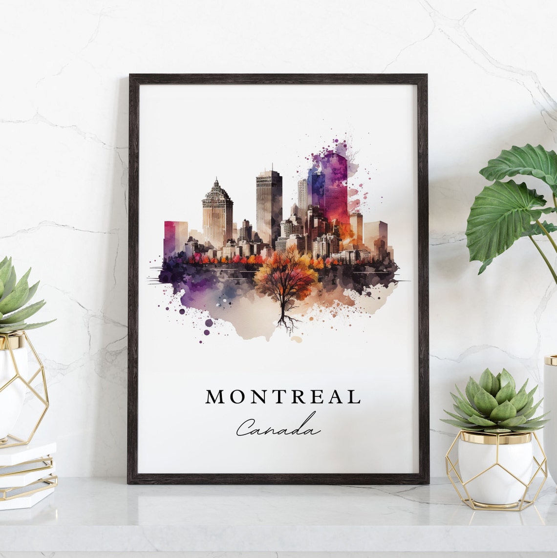 Montreal Canada Watercolor City Skyline Autumn Tree Art Poster