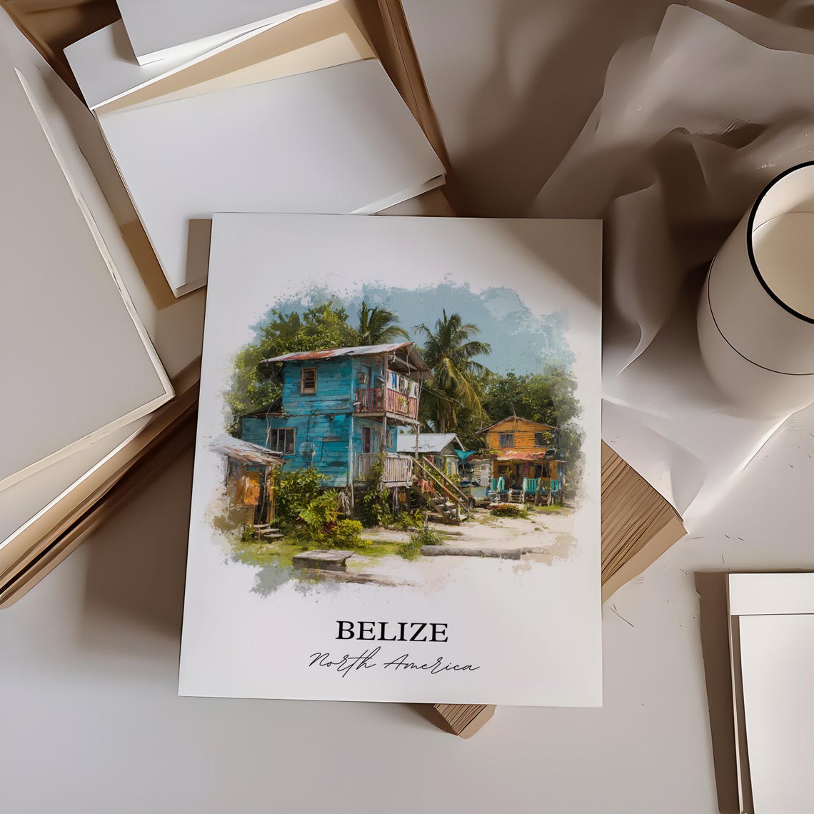 Belize North America Colorful Stilt Houses Palms Watercolor Poster - Image 3