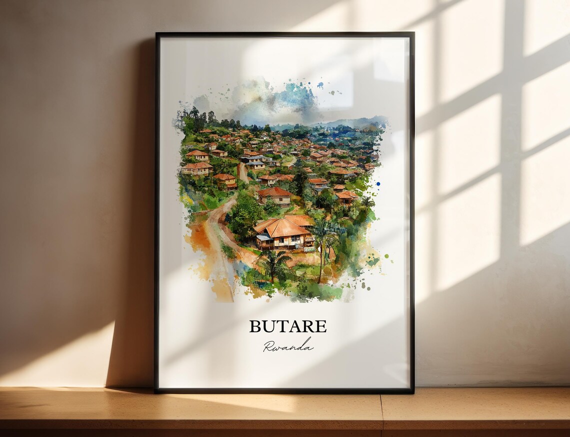 Butare Rwanda Green Hill Town Watercolor Scenic Travel Poster