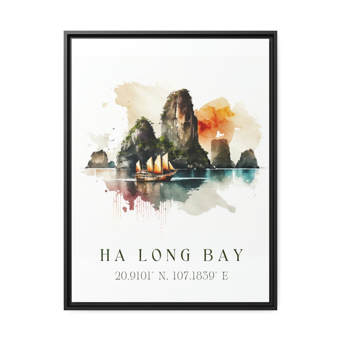 Ha Long Bay Vietnam Watercolor Karsts Sailboat Coordinates Poster - Image 3