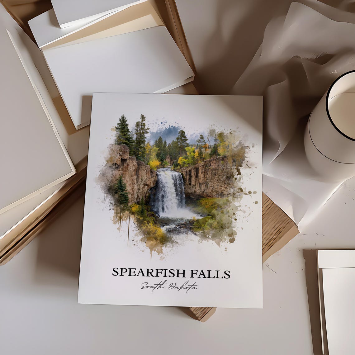 Spearfish Falls South Dakota Canyon Ledge Waterfall Watercolor Poster - Image 5