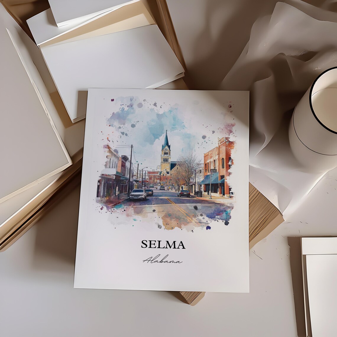 Selma Alabama Historic Downtown Main Street Watercolor Poster - Image 5