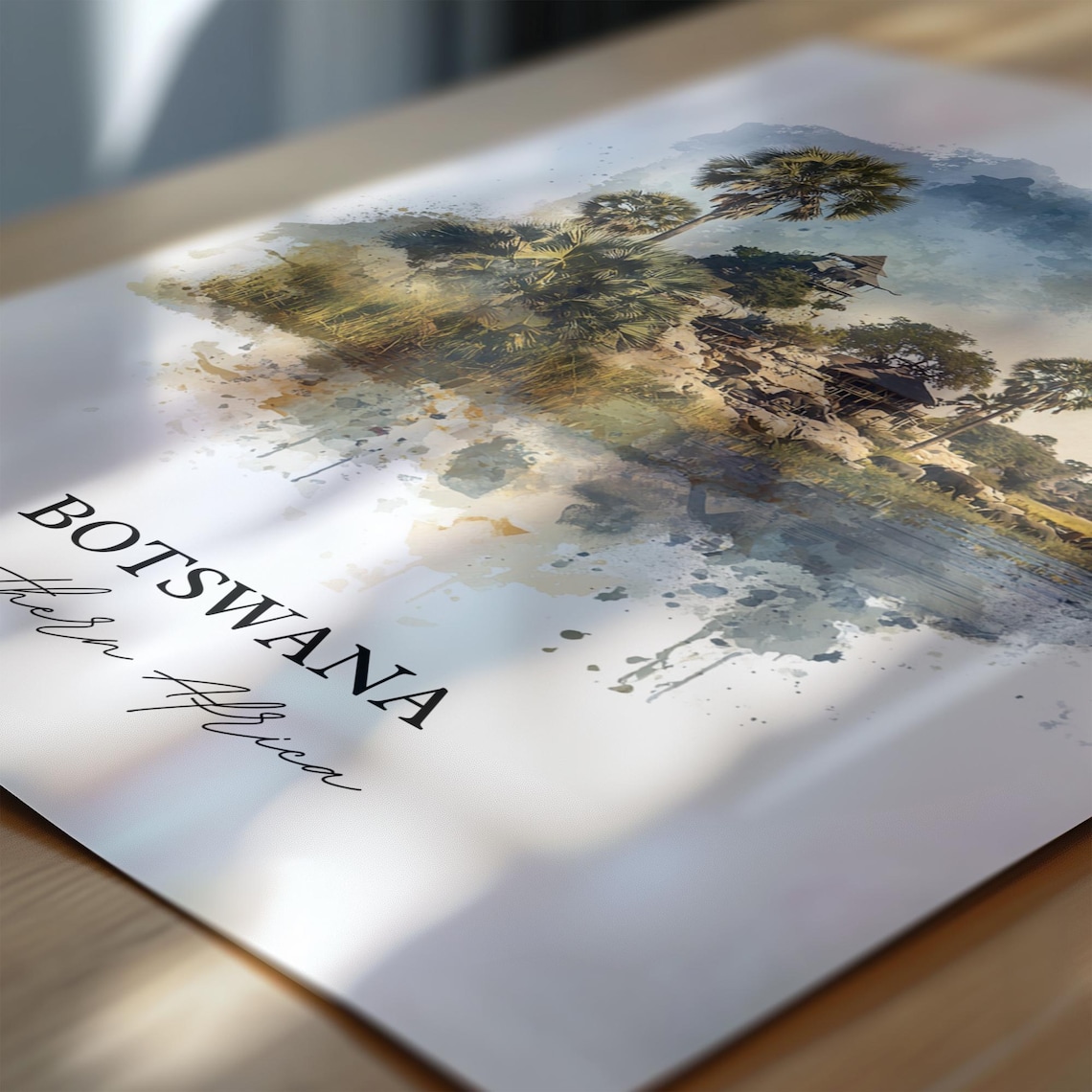 Botswana Southern Africa Riverside Lodge Watercolor Travel Poster - Image 6
