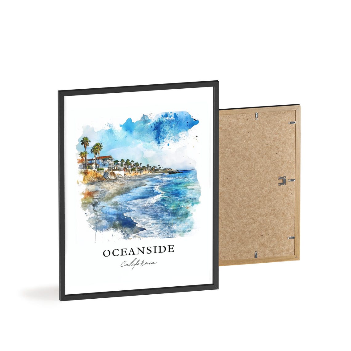 Oceanside California Beach Cliff Palms Watercolor Travel Poster - Image 2