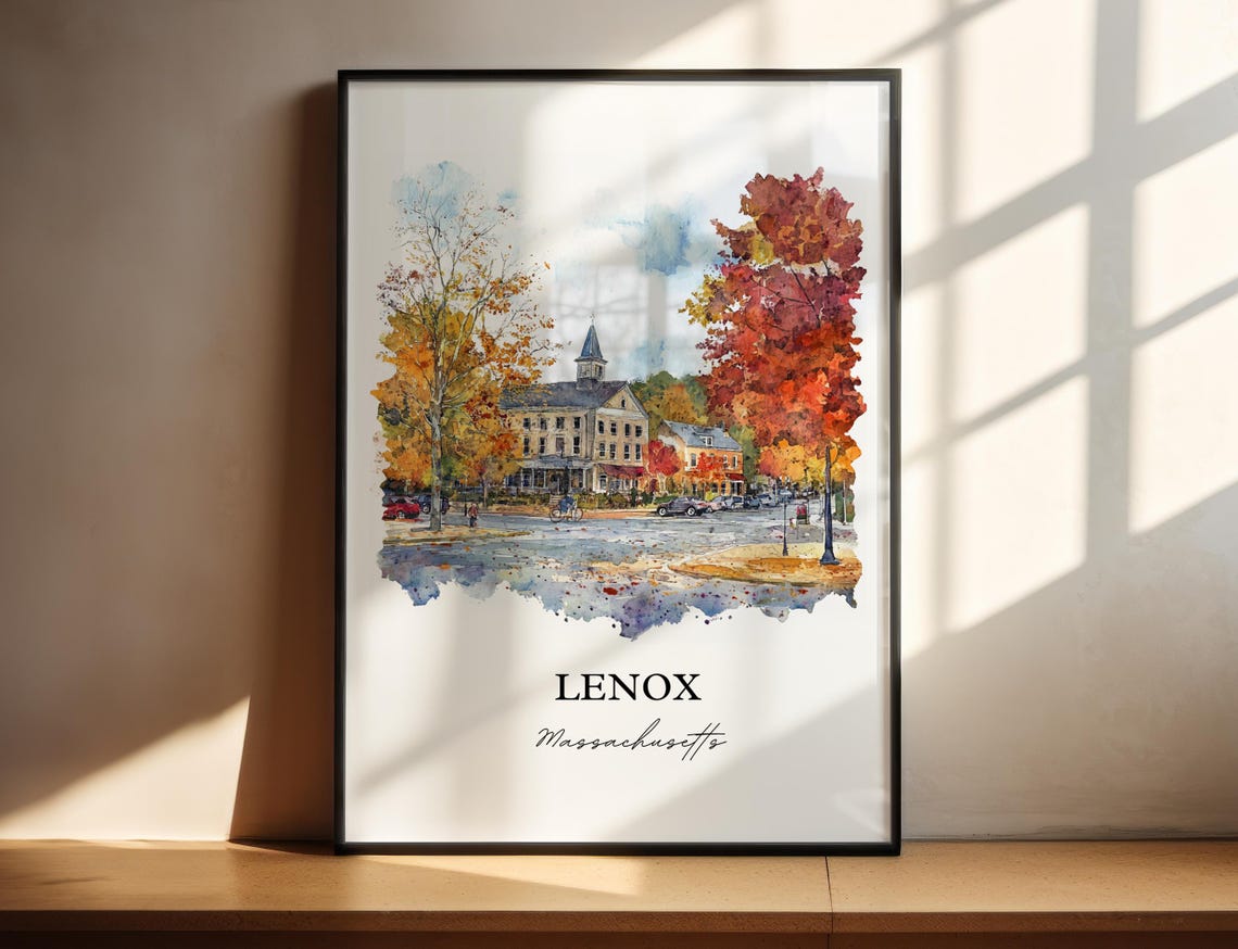 Lenox Massachusetts Watercolor Fall Town Square Scene Poster