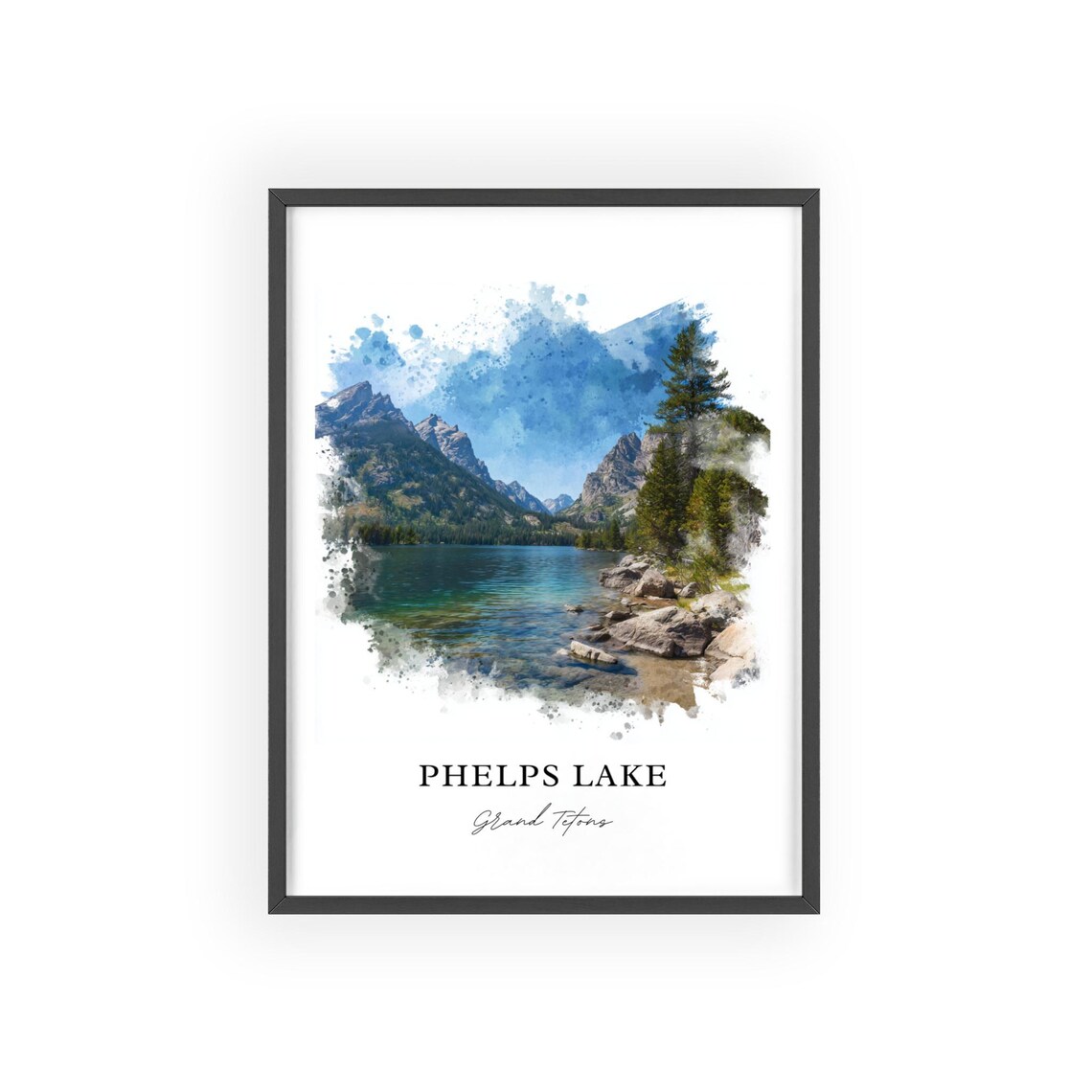 Phelps Lake Grand Tetons Rocky Shore Watercolor Mountain Art Poster
