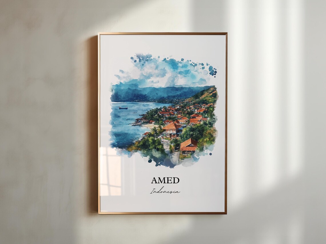 Amed Indonesia Watercolor Coastal Bay Red Roofs Ocean View Poster - Image 4