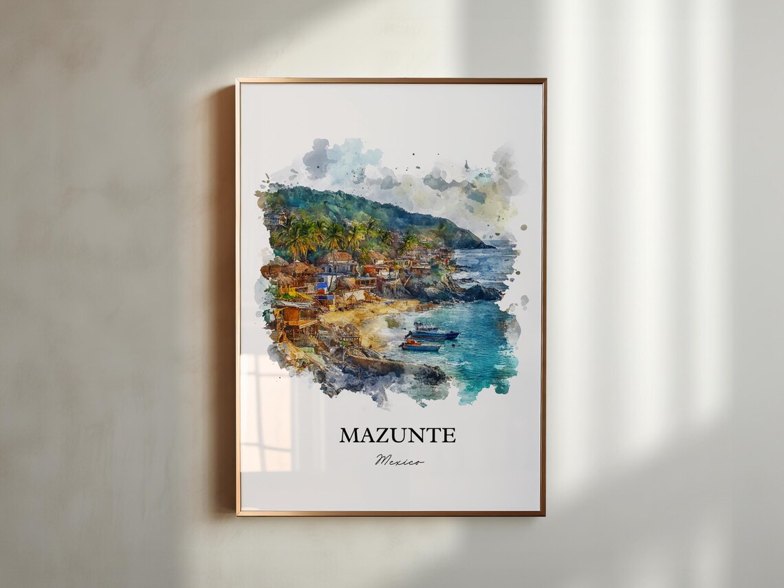 Mazunte Mexico Coastal Beach Town Boats Watercolor Travel Poster - Image 5