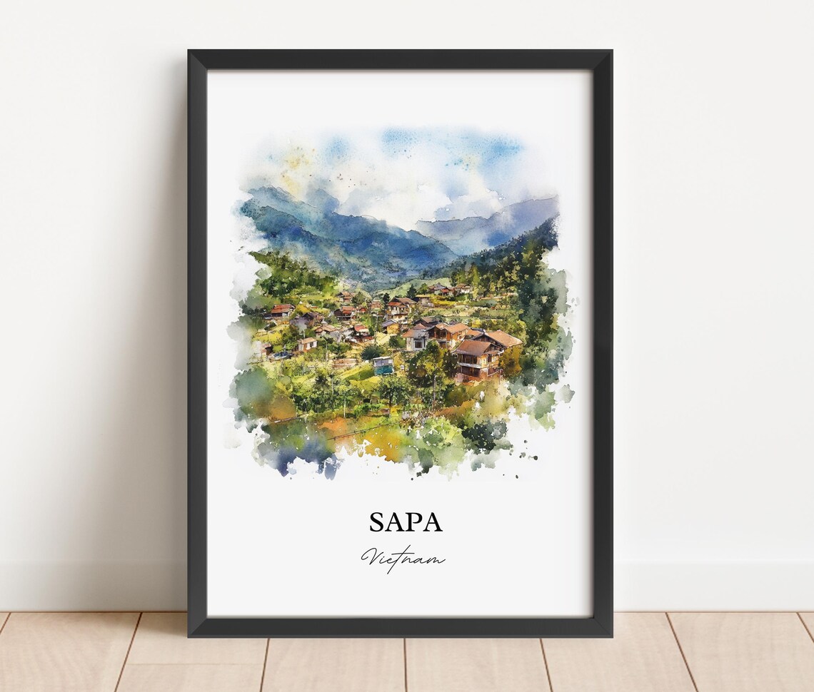 Sapa Vietnam Watercolor Mountain Town Valley Landscape Poster - Image 2
