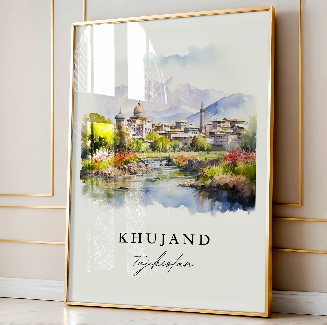 Khujand Tajikistan Riverside Old Town Watercolor Travel Art Poster - Image 4