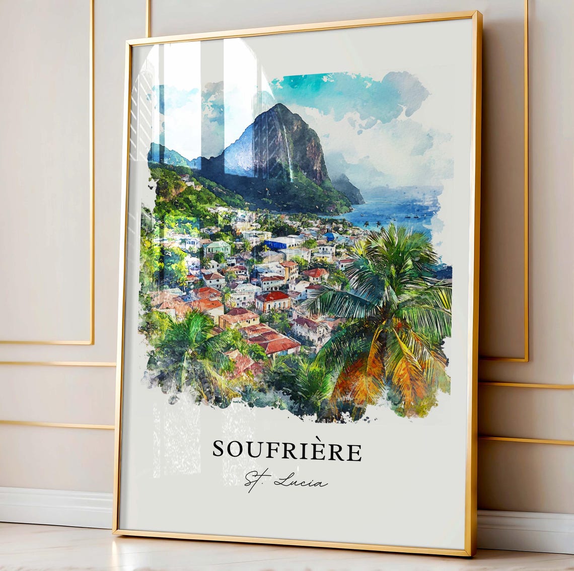 Soufriere Saint Lucia Watercolor Piton Peak Caribbean Town Palm Poster - Image 4