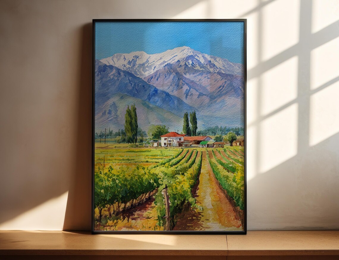 Mendoza Argentina Vineyard Andes Mountains Snow Capped Watercolor Print