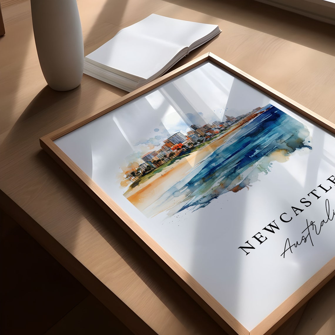 Newcastle Australia Beachfront Cityscape Watercolor Art Poster - Image 3